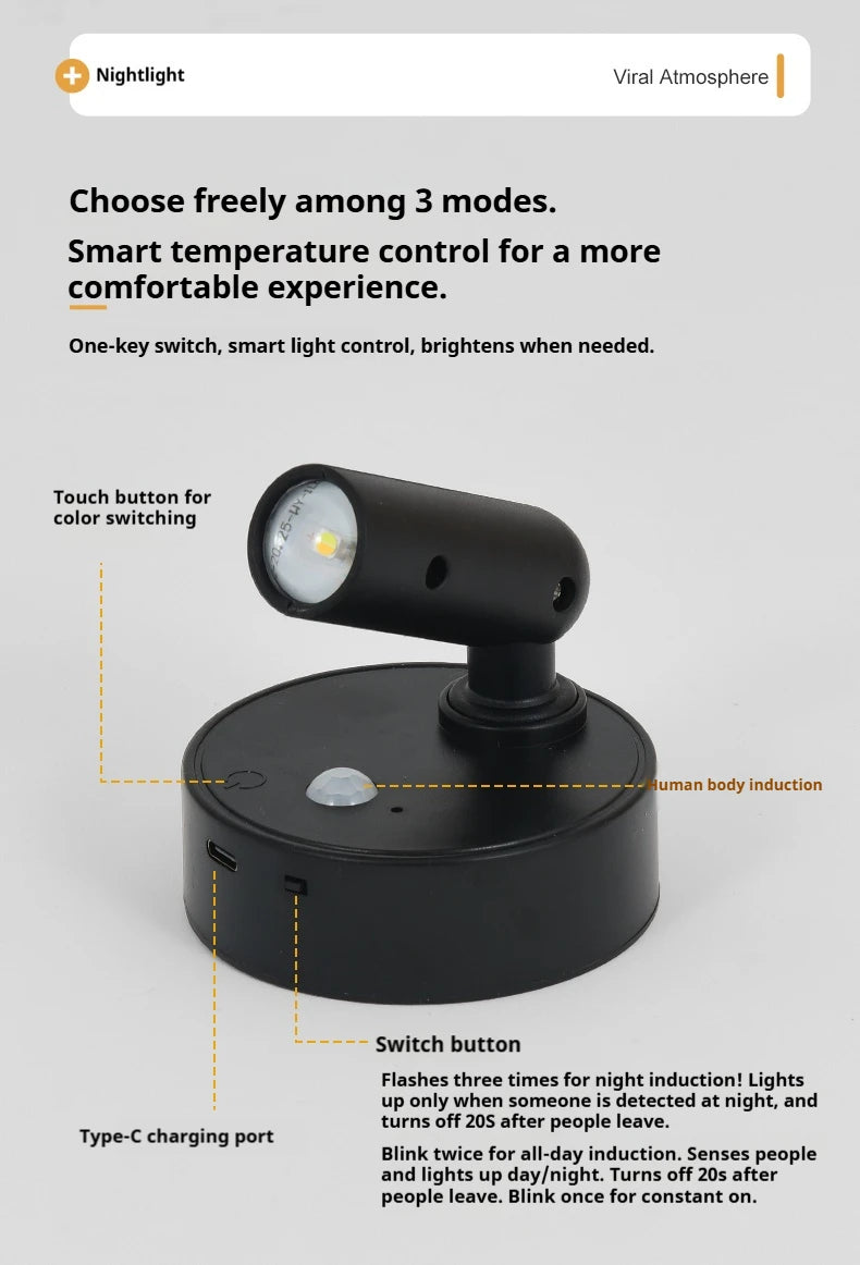 Magnetic Base USB Rechargeable LED Cordless Wall Light with Touch Switch Black White Magnet Dimmable Bedside Lamp for Reading