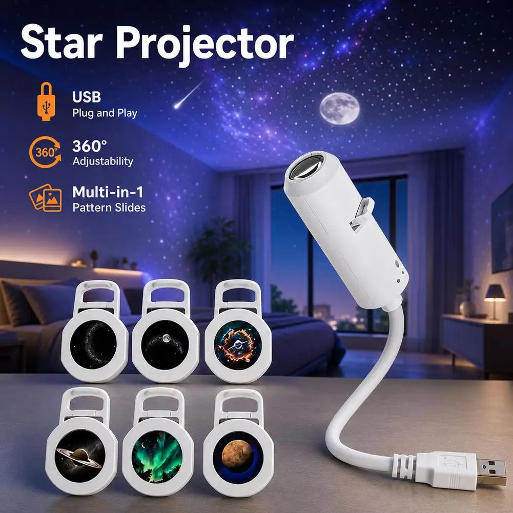 USB 360° Adjustable Starry Sky Galaxy Projector Lamp Focus Adjustable Moon Night Light Romantic Atmosphere Light Bedroom Car Wed
