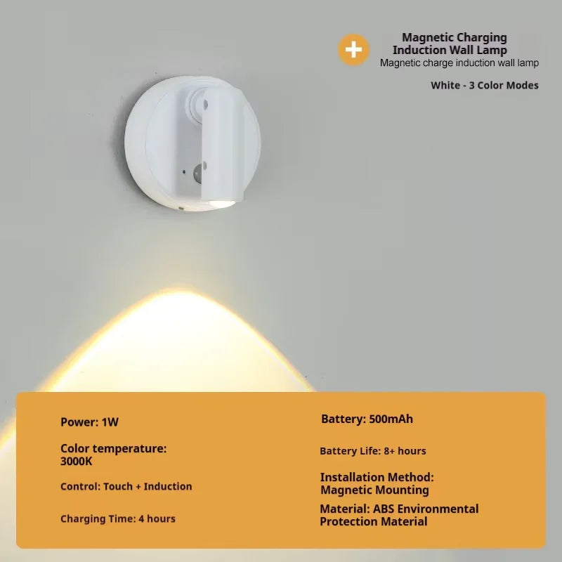 Magnetic Base USB Rechargeable LED Cordless Wall Light with Touch Switch Black White Magnet Dimmable Bedside Lamp for Reading