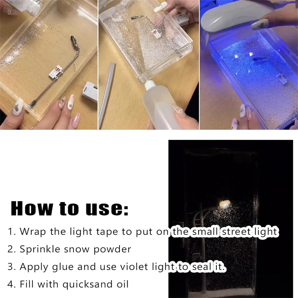 1PC Handmade DIY Material Package Desktop Decor Flowing Small Night Light Snow Scene Street Light Snowy Night Snow Simulation