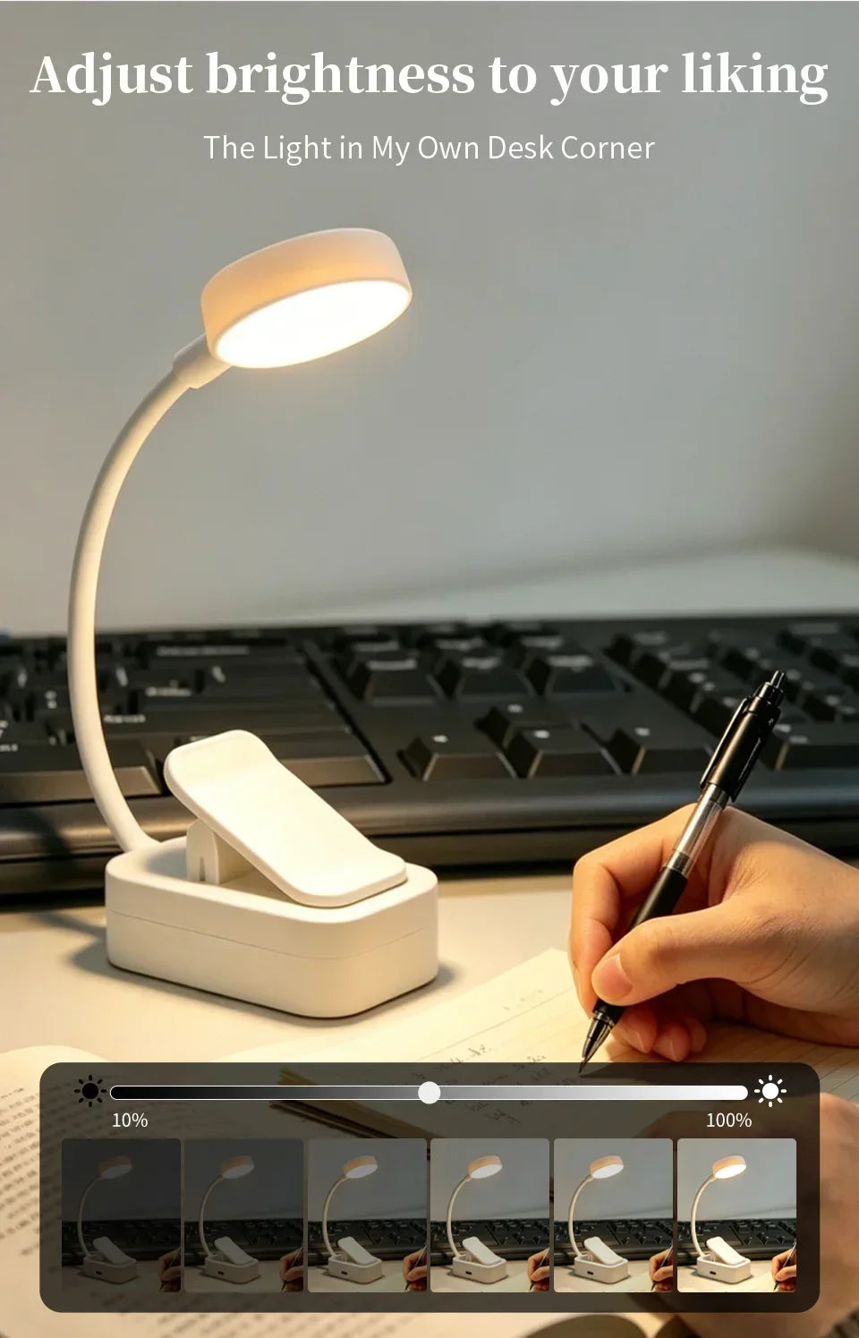 LED Desk Lamp Clip on Reading Light Rechargeable USB 3 Modes Eye Protection Flexible Table Lamp for Bedroom Study Dorm Bedside