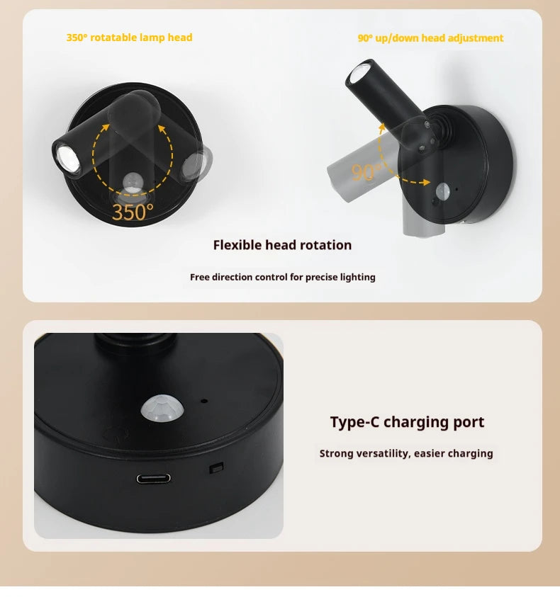 Magnetic Base USB Rechargeable LED Cordless Wall Light with Touch Switch Black White Magnet Dimmable Bedside Lamp for Reading