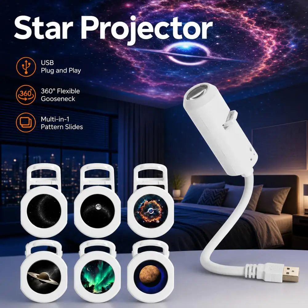 USB 360° Adjustable Starry Sky Galaxy Projector Lamp Focus Adjustable Moon Night Light Romantic Atmosphere Light Bedroom Car Wed