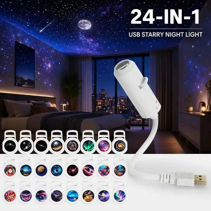 USB 360° Adjustable Starry Sky Galaxy Projector Lamp Focus Adjustable Moon Night Light Romantic Atmosphere Light Bedroom Car Wed