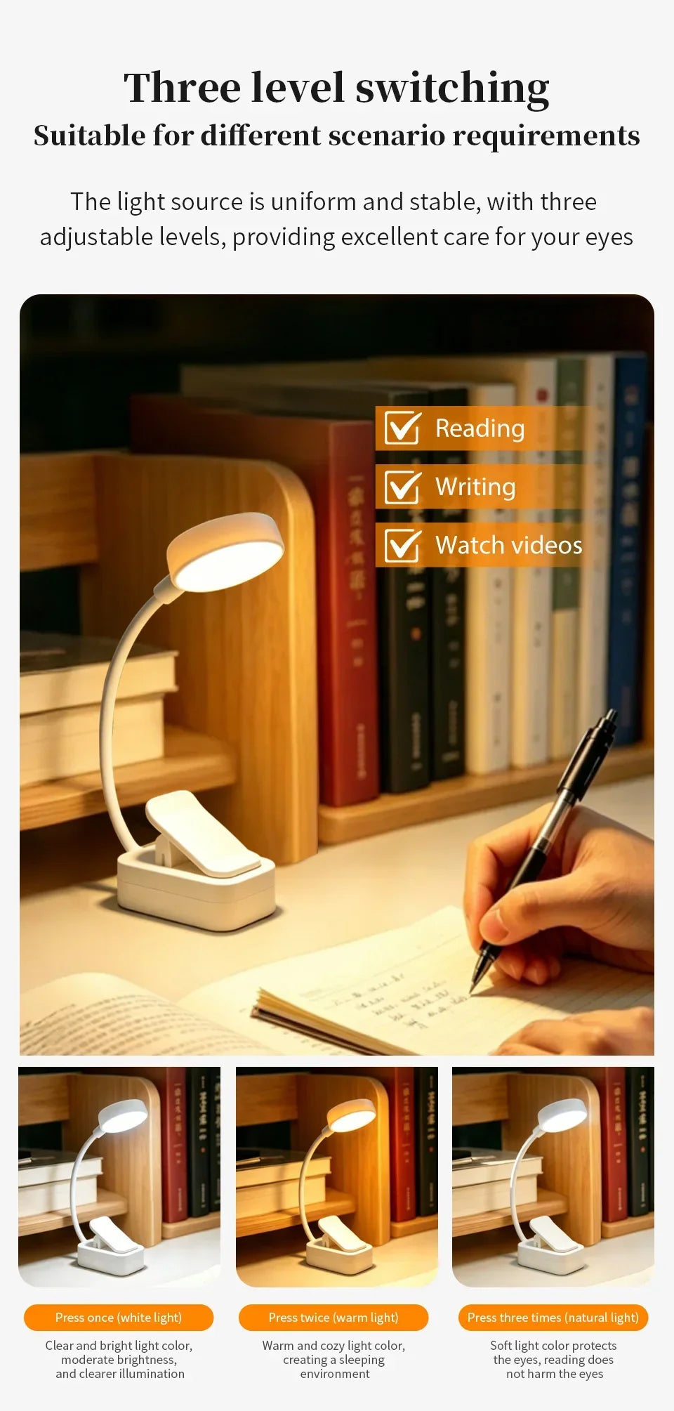 LED Desk Lamp Clip on Reading Light Rechargeable USB 3 Modes Eye Protection Flexible Table Lamp for Bedroom Study Dorm Bedside