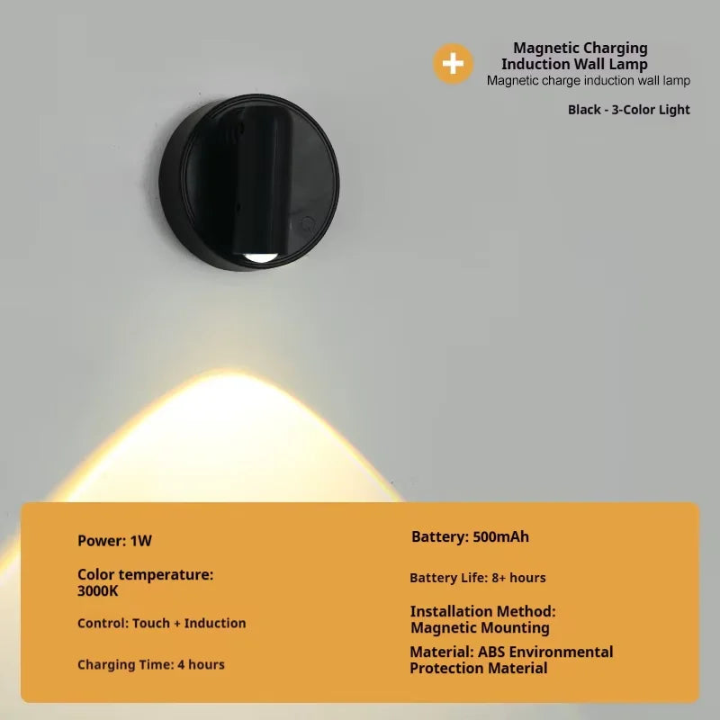 Magnetic Base USB Rechargeable LED Cordless Wall Light with Touch Switch Black White Magnet Dimmable Bedside Lamp for Reading