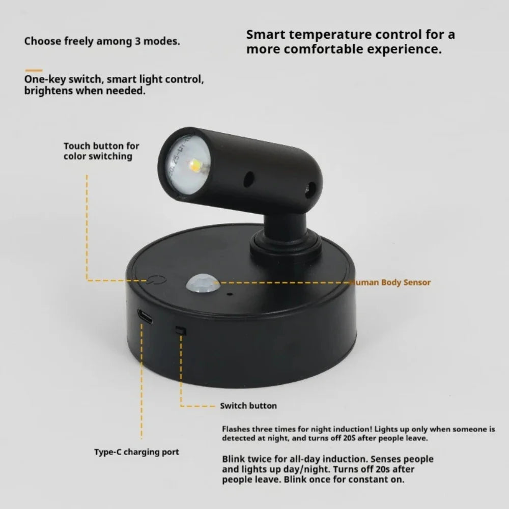 Magnetic Base USB Rechargeable LED Cordless Wall Light with Touch Switch Black White Magnet Dimmable Bedside Lamp for Reading