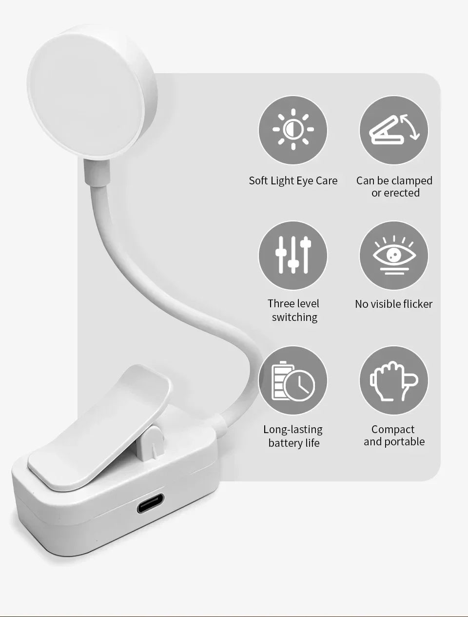 LED Desk Lamp Clip on Reading Light Rechargeable USB 3 Modes Eye Protection Flexible Table Lamp for Bedroom Study Dorm Bedside
