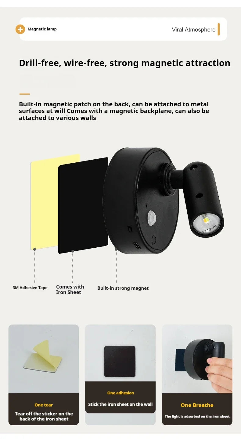 Magnetic Base USB Rechargeable LED Cordless Wall Light with Touch Switch Black White Magnet Dimmable Bedside Lamp for Reading