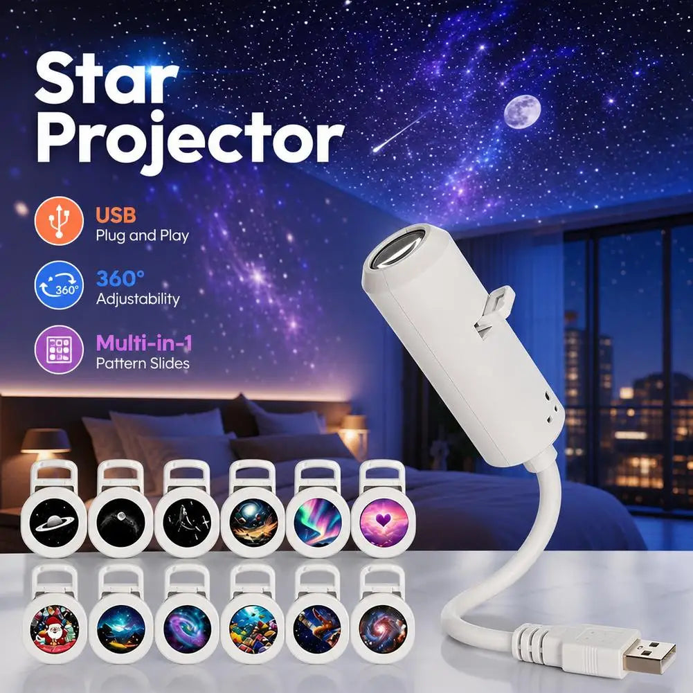 USB 360° Adjustable Starry Sky Galaxy Projector Lamp Focus Adjustable Moon Night Light Romantic Atmosphere Light Bedroom Car Wed