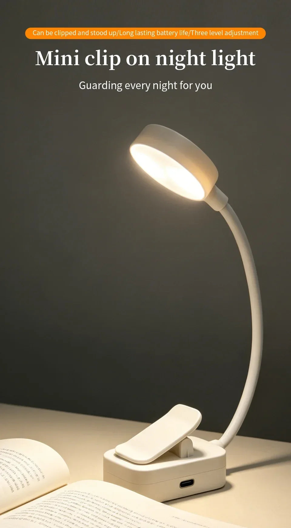 LED Desk Lamp Clip on Reading Light Rechargeable USB 3 Modes Eye Protection Flexible Table Lamp for Bedroom Study Dorm Bedside