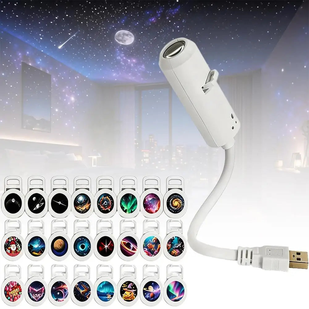 USB 360° Adjustable Starry Sky Galaxy Projector Lamp Focus Adjustable Moon Night Light Romantic Atmosphere Light Bedroom Car Wed