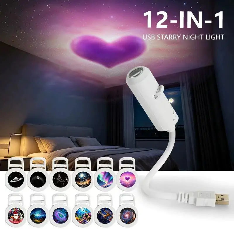USB 360° Adjustable Starry Sky Galaxy Projector Lamp Focus Adjustable Moon Night Light Romantic Atmosphere Light Bedroom Car Wed