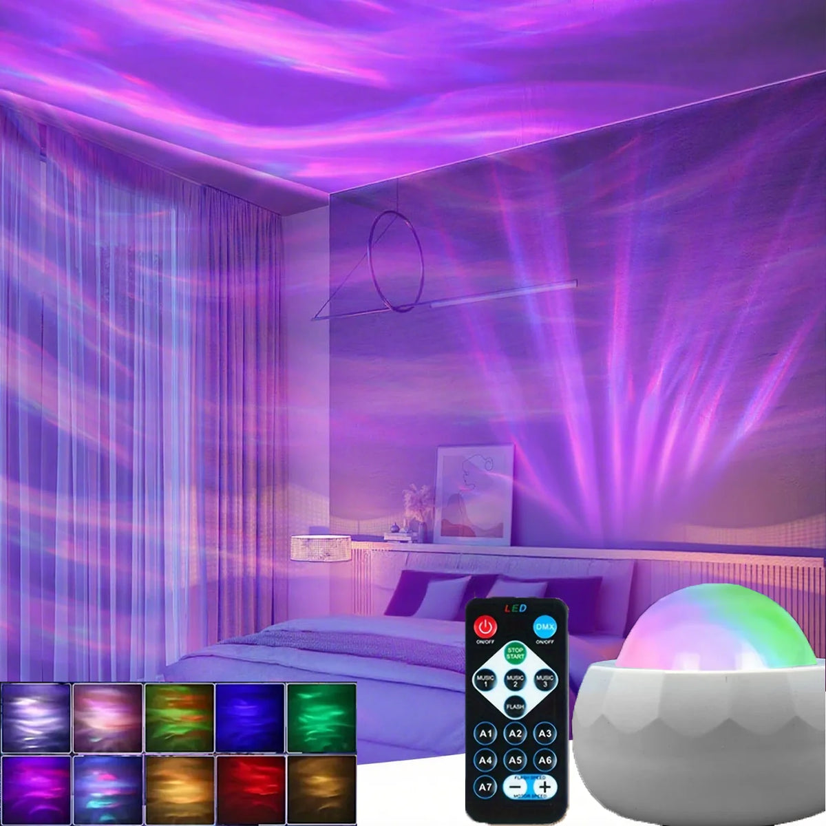 LED Aurora Projector Light Starry Sky Galaxy Night Light RGB 7 Colors Auto Rotate with Remote Control for Home Room Decor Lamp
