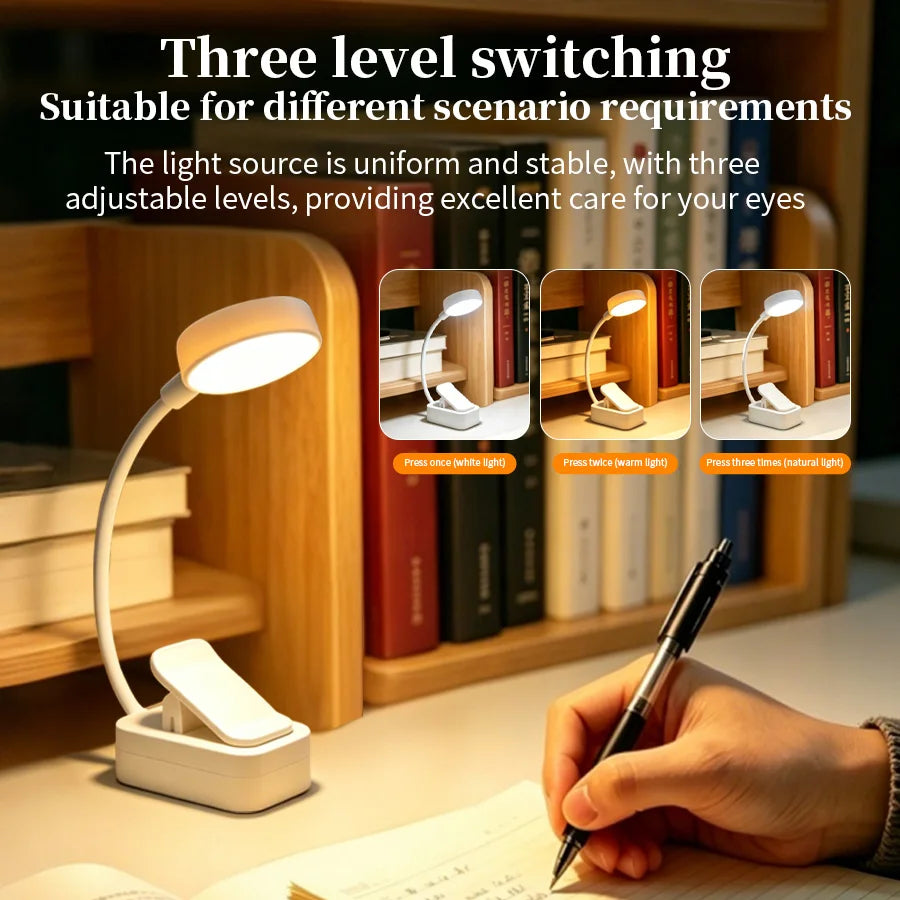 LED Desk Lamp Clip on Reading Light Rechargeable USB 3 Modes Eye Protection Flexible Table Lamp for Bedroom Study Dorm Bedside